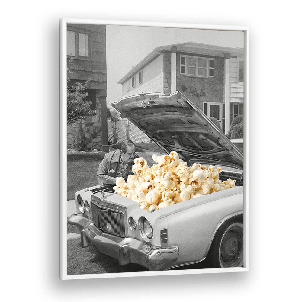 Surreal art prints featuring a whimsical popcorn car, "POP THE HOOD," by Vertigo Artography. Perfect for unique decor!