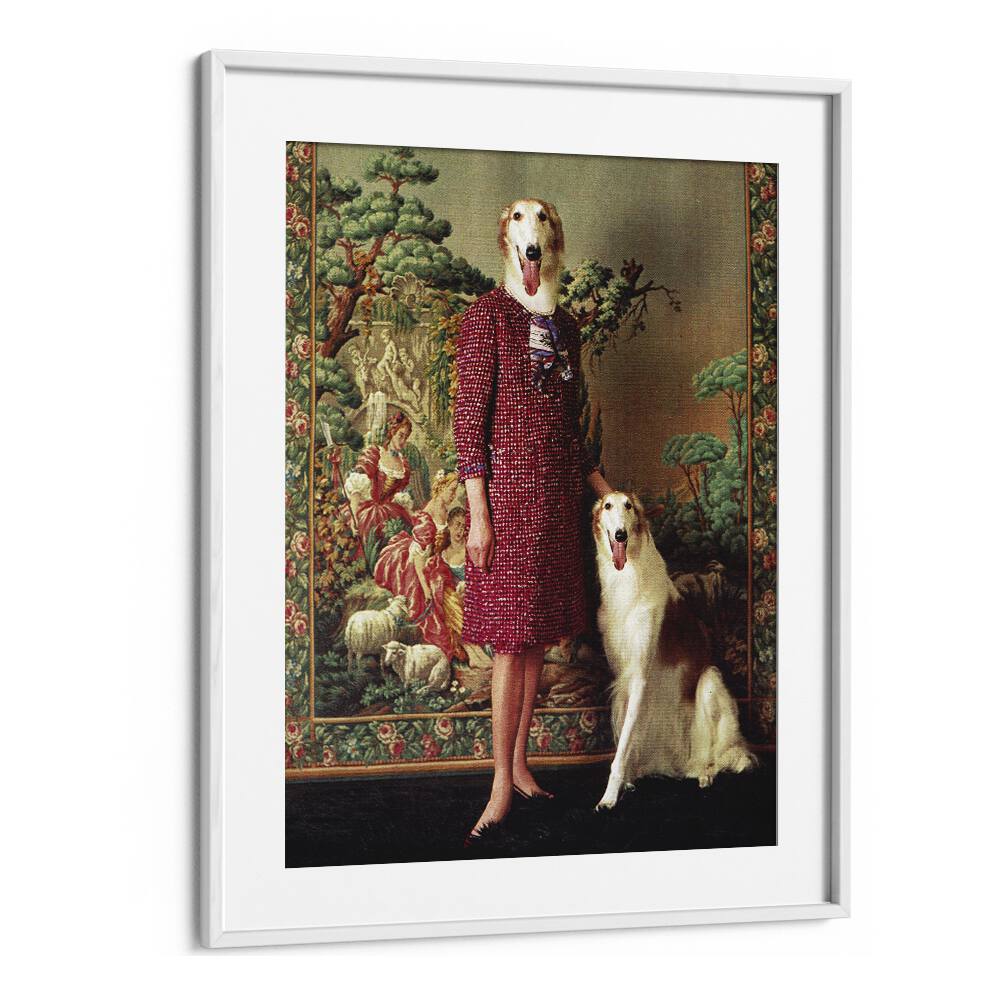 Transform your space with the PORTRAIT - SALUKI SURREAL PAINTING, SURREAL ART by Vertigo Artography in a chic white frame.
