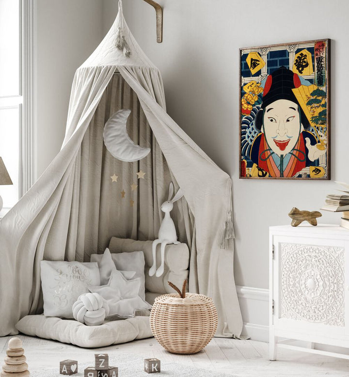 Stylish room featuring "Portraits of an Actor by Toyohara Kunichika (1835-1900), Japanese paintings" artwork.