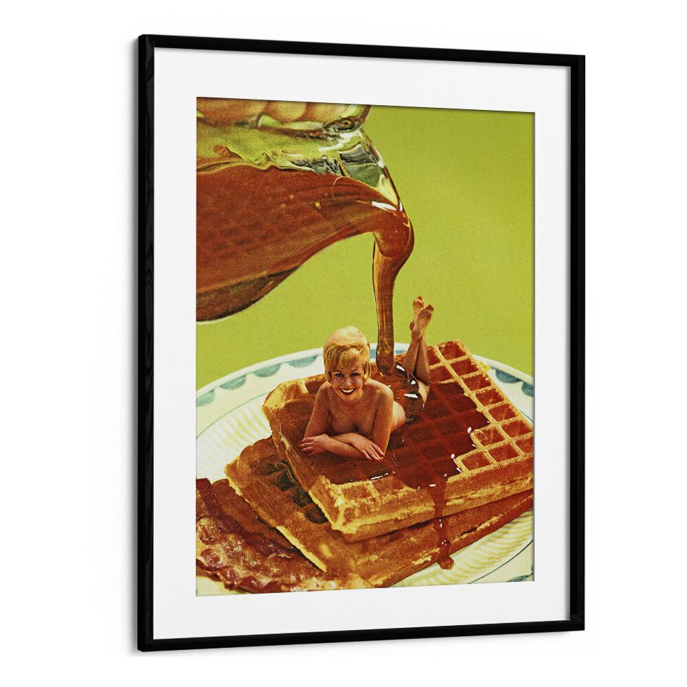 Surreal art print "Pour Some Syrup On Me" by Vertigo Artography features whimsical scene with syrup and waffles.