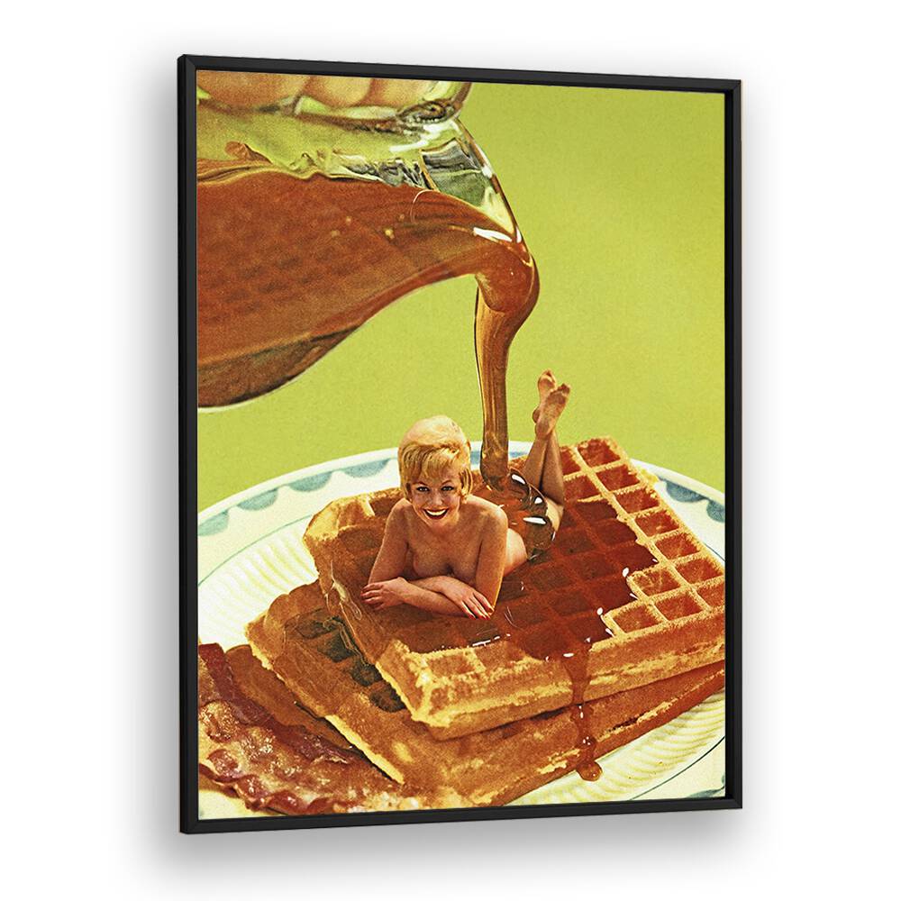 Surreal art print "POUR SOME SYRUP ON ME" by Vertigo Artography, showcasing playful imagery with waffles and syrup.