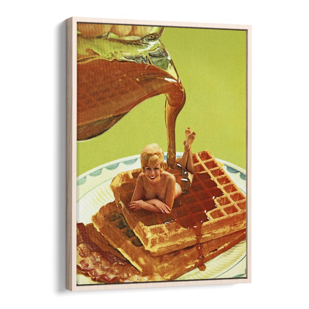 Pour Some Syrup On Me, Surreal Art Prints showcase a playful scene of a child in waffles and syrup by Vertigo Artography.