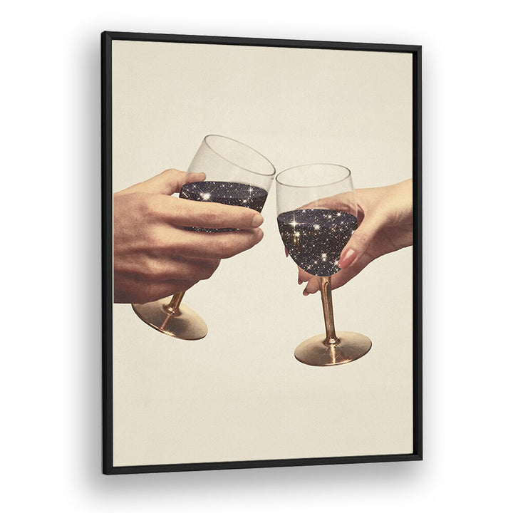 Elevate your decor with PRIMORDIAL WINE, SURREAL ART PRINTS featuring hands toasting with starry wine glasses.