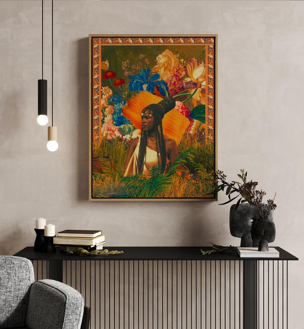 Paint Stroke Queen By Cosmo Zach Surreal Art Prints Surrealism in Oak Wood Floater Frame placed on a wall behind a table