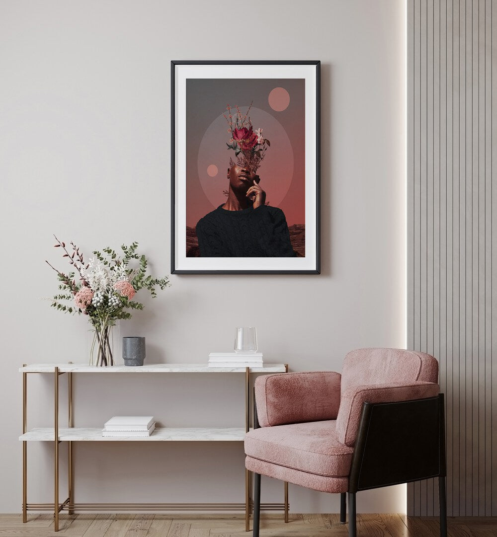 Stylish living room featuring "Pale Memories of Dusk, Surreal Art Prints" by Frank Moth, showcasing surreal elegance.