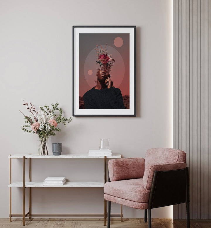 Stylish living room featuring "Pale Memories of Dusk, Surreal Art Prints" by Frank Moth, showcasing surreal elegance.