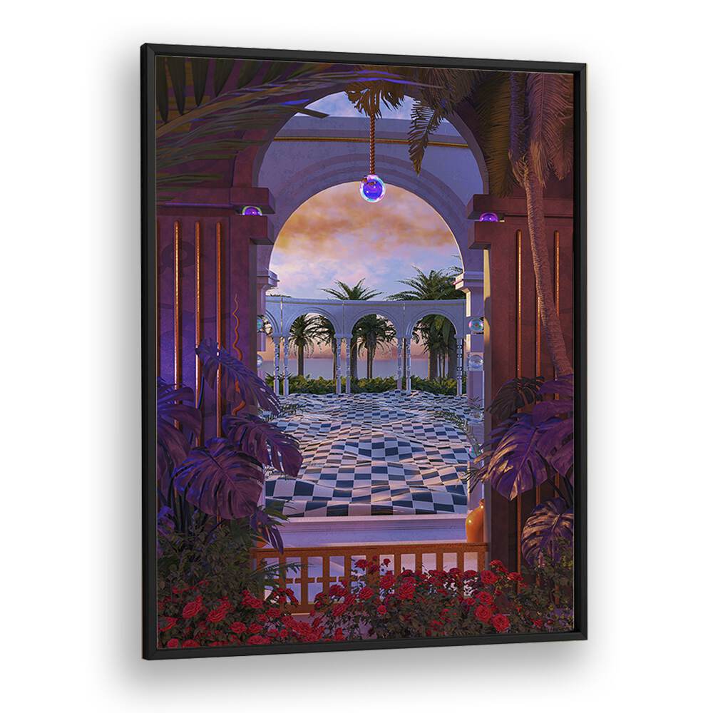 Vibrant PALLIDIUM, SURREAL ART PRINTS by Cosmo Zach featuring a stunning surreal landscape in a black frame.