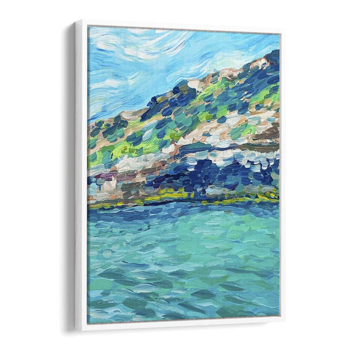 Breathtaking PALMA, LANDSCAPE PAINTINGS by Key and Sea Creative showcase vibrant coastal scenery in a floater frame.