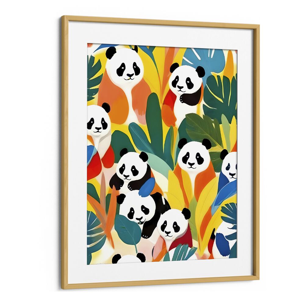 Colorful pandas surrounded by tropical foliage in Uma Gokhale's PANDAS A TROPICAL, KIDS ROOM PAINTINGS. Perfect decor!