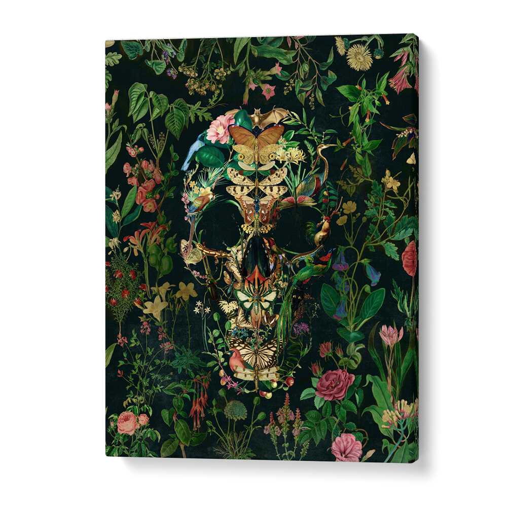 PAPILLON SKULL, FLORAL FLOWER PAINTINGS blend intricate floral designs with a striking skull in vibrant botanical art.