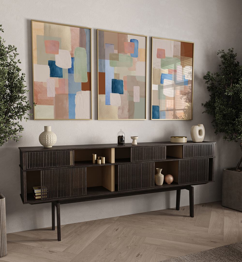 Transform your space with PASTEL COLOR ABSTRACT, SET OF 3 PAINTINGS, featuring soft hues and geometric designs.