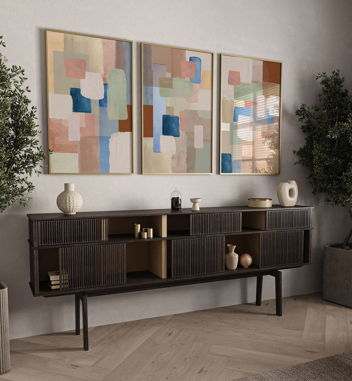 Transform your space with PASTEL COLOR ABSTRACT, SET OF 3 PAINTINGS, featuring soft hues and geometric designs.