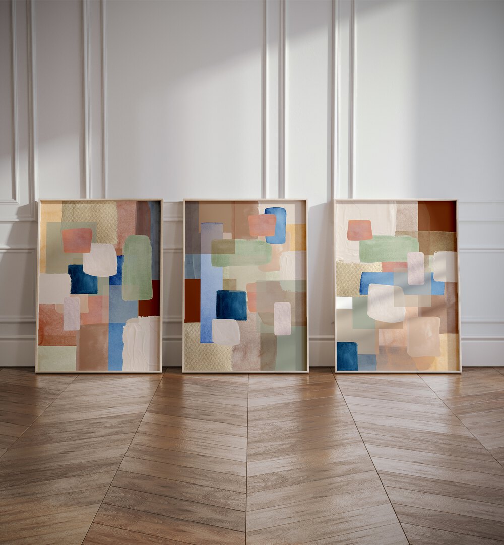 Transform your space with the PASTEL COLOR ABSTRACT, SET OF 3 PAINTINGS featuring soft hues and geometric patterns.