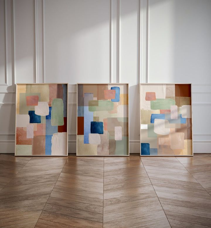 Transform your space with the PASTEL COLOR ABSTRACT, SET OF 3 PAINTINGS featuring soft hues and geometric patterns.