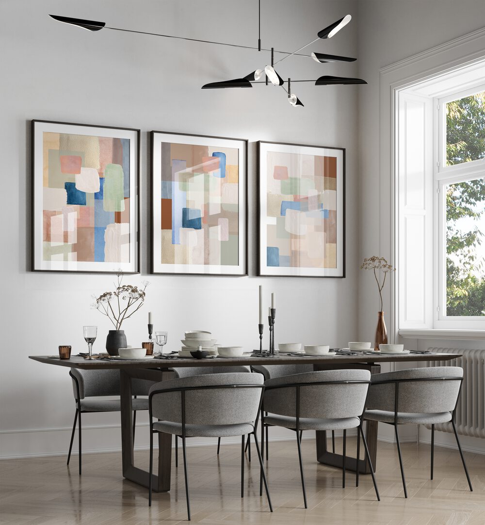 Transform your space with PASTEL COLOR ABSTRACT, SET OF 3 PAINTINGS featuring soft hues and geometric designs.