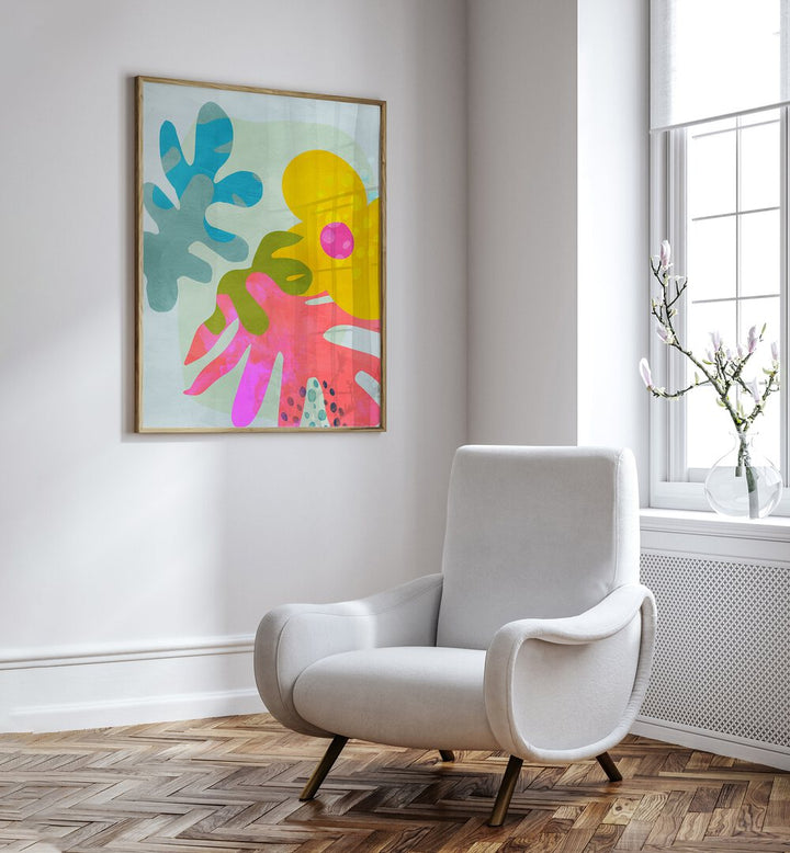 Colorful abstract artwork titled "PASTEL CUT OUT MATISSE" by Ana Rut Bre enhances modern living spaces.