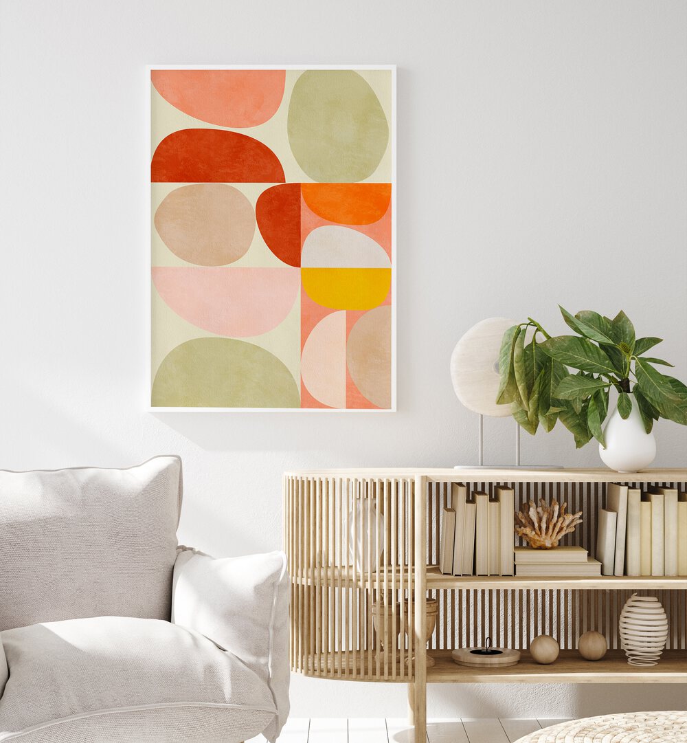 Transform your space with PASTEL GEOMETRY, ABSTRACT PAINTINGS by Ana Rut Bre, featuring vibrant shapes and colors.