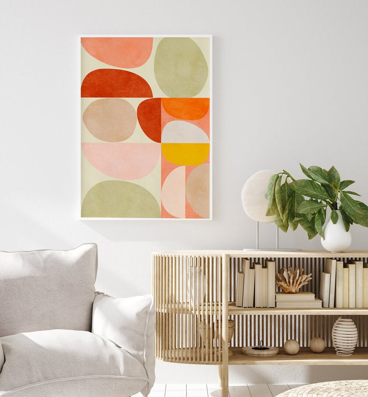 Transform your space with PASTEL GEOMETRY, ABSTRACT PAINTINGS by Ana Rut Bre, featuring vibrant shapes and colors.