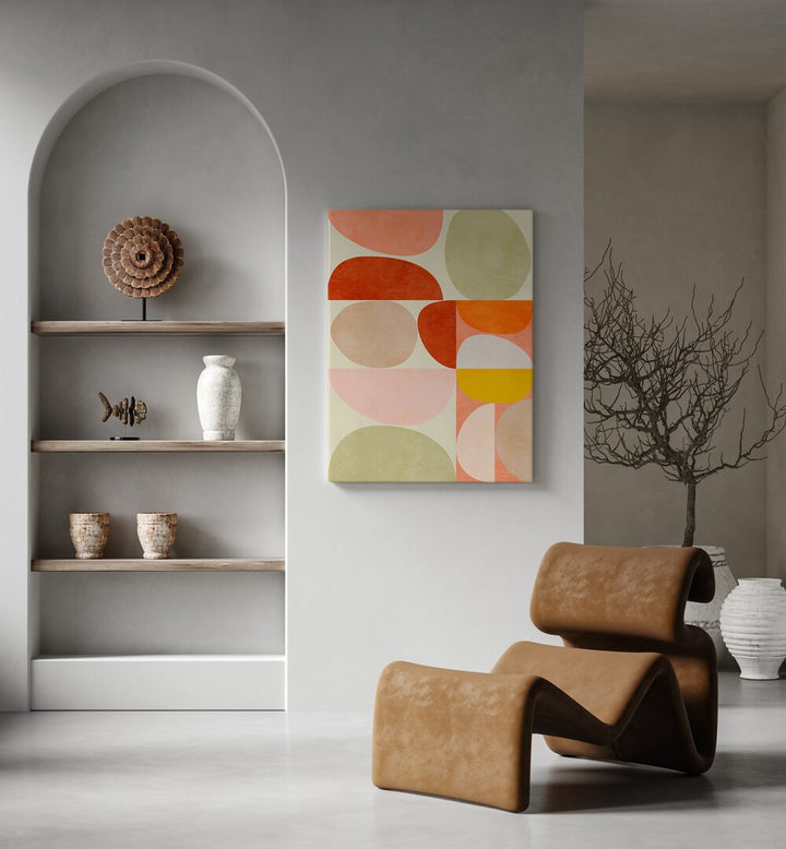 Transform your space with PASTEL GEOMETRY, ABSTRACT PAINTINGS by Ana Rut Bre, featuring vibrant shapes and colors.