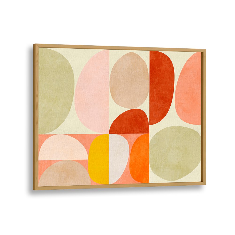 "PASTEL GEOMETRY I, ABSTRACT PAINTINGS by Ana Rut Bre showcases vibrant shapes in a chic oak frame, enhancing modern decor."