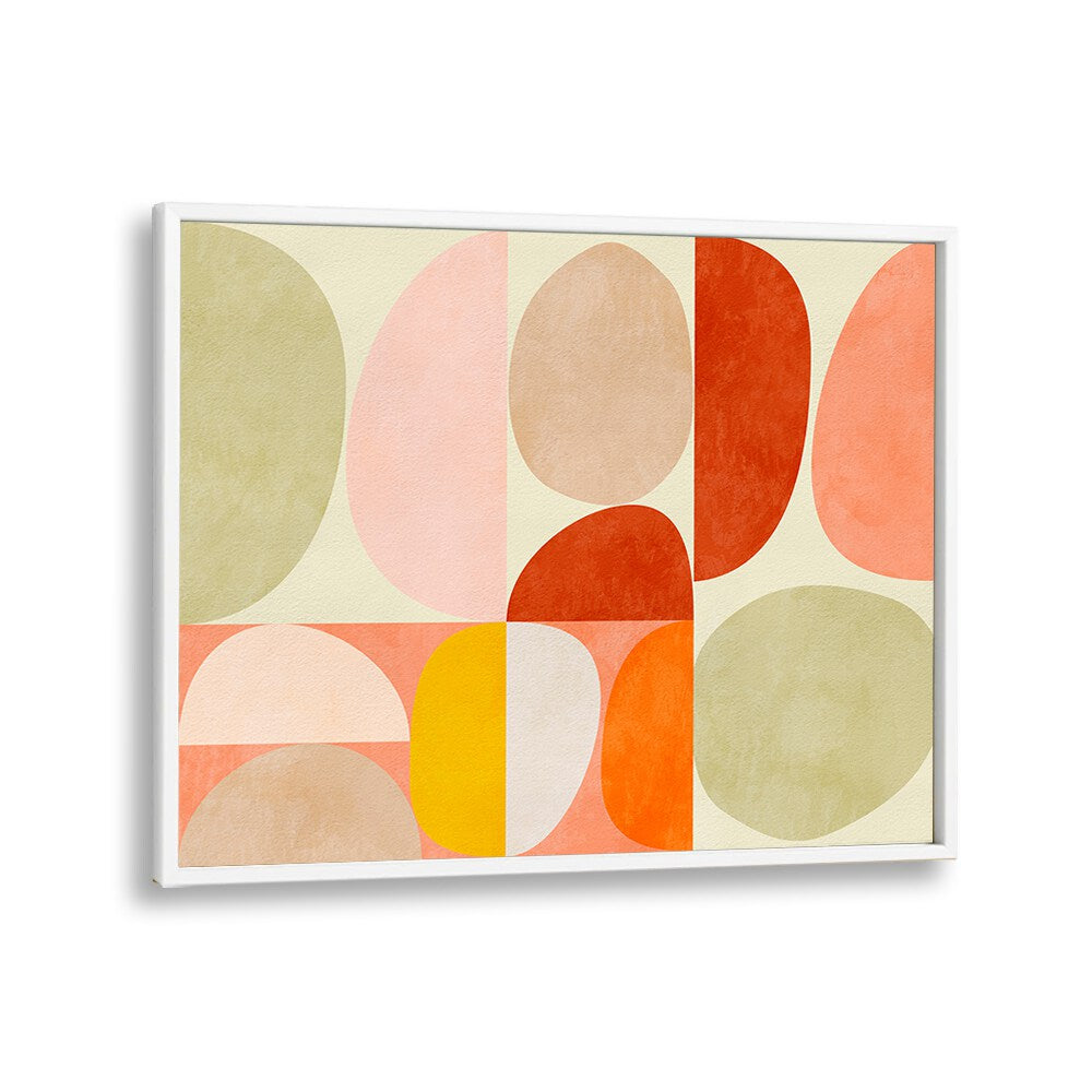 Pastel Geometry I, abstract paintings by Ana Rut Bre, features vibrant shapes in a white frame for modern elegance.