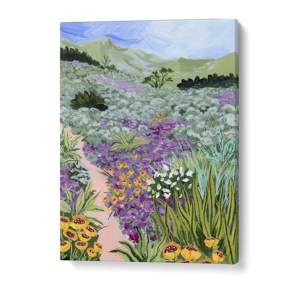 Vibrant flowers and lush greenery in “PATH TO THE PACIFIC I, LANDSCAPE PAINTINGS” by Sarah Gesek. Perfect for any decor.