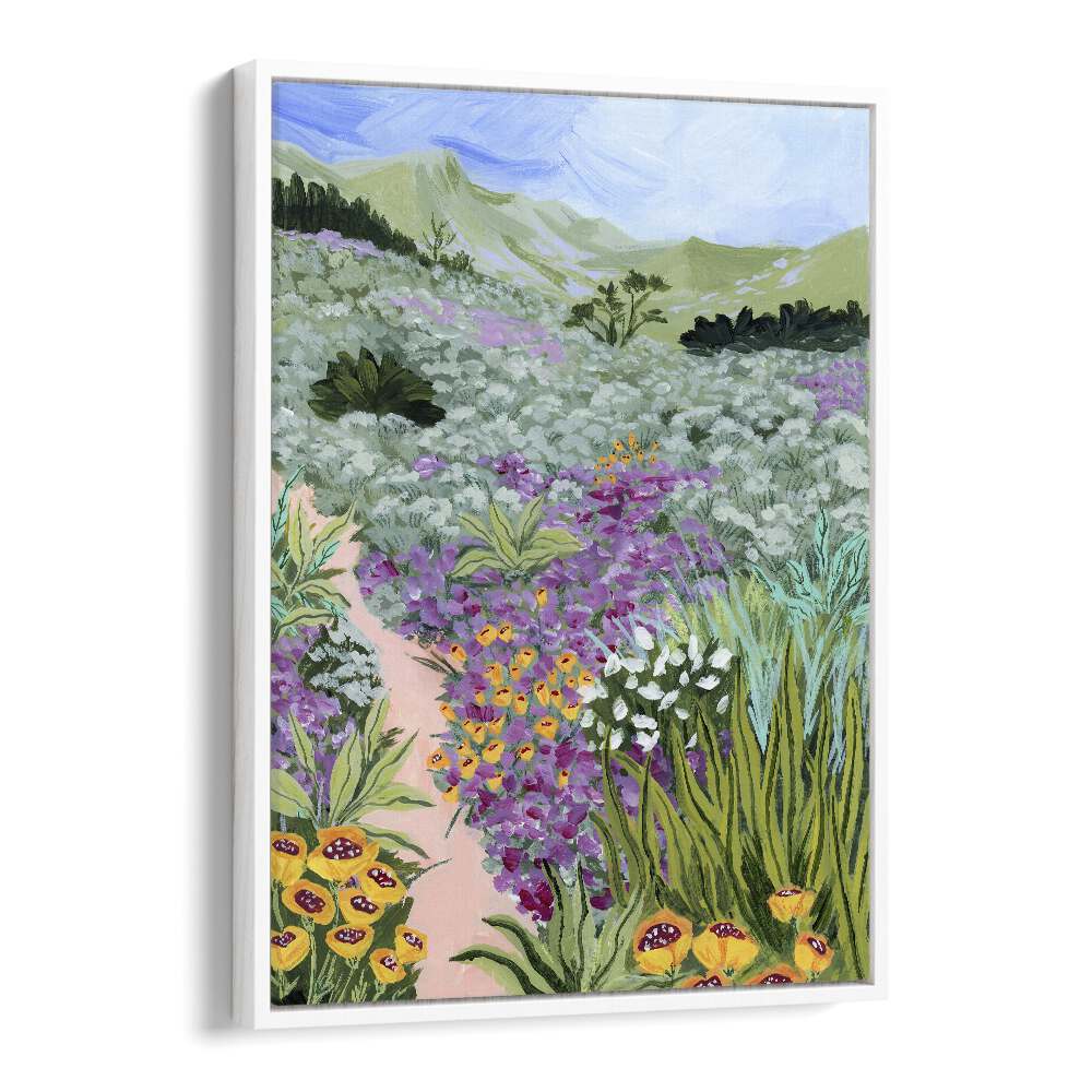 Vibrant flowers and hills in "Path to the Pacific I, Landscape Paintings" by Sarah Gesek, perfect for modern decor.