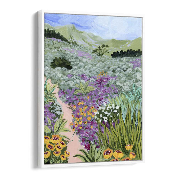 Vibrant flowers and hills in "Path to the Pacific I, Landscape Paintings" by Sarah Gesek, perfect for modern decor.