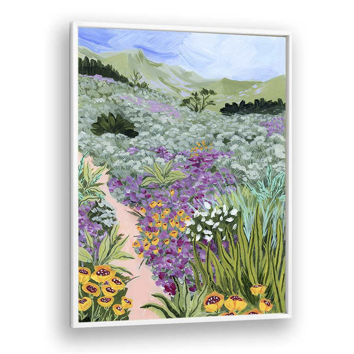 Colorful flowers and lush greenery in "PATH TO THE PACIFIC I, LANDSCAPE PAINTINGS" by Sarah Gesek, framed art print.