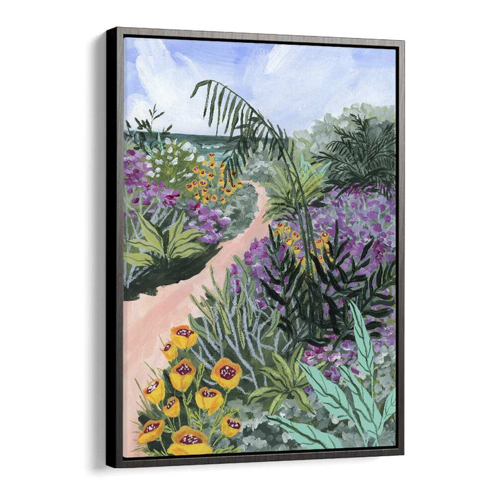 Vibrant floral scene featuring "Path To The Pacific II, Landscape Paintings" by Sarah Gesek in a stylish black frame.