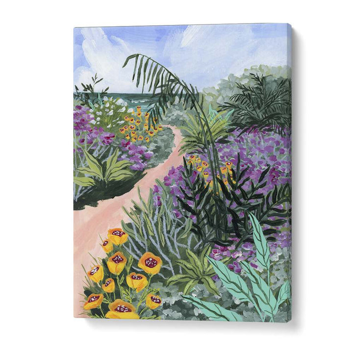 Vibrant flowers and greenery lead to the ocean in "PATH TO THE PACIFIC II, LANDSCAPE PAINTINGS" by Sarah Gesek.