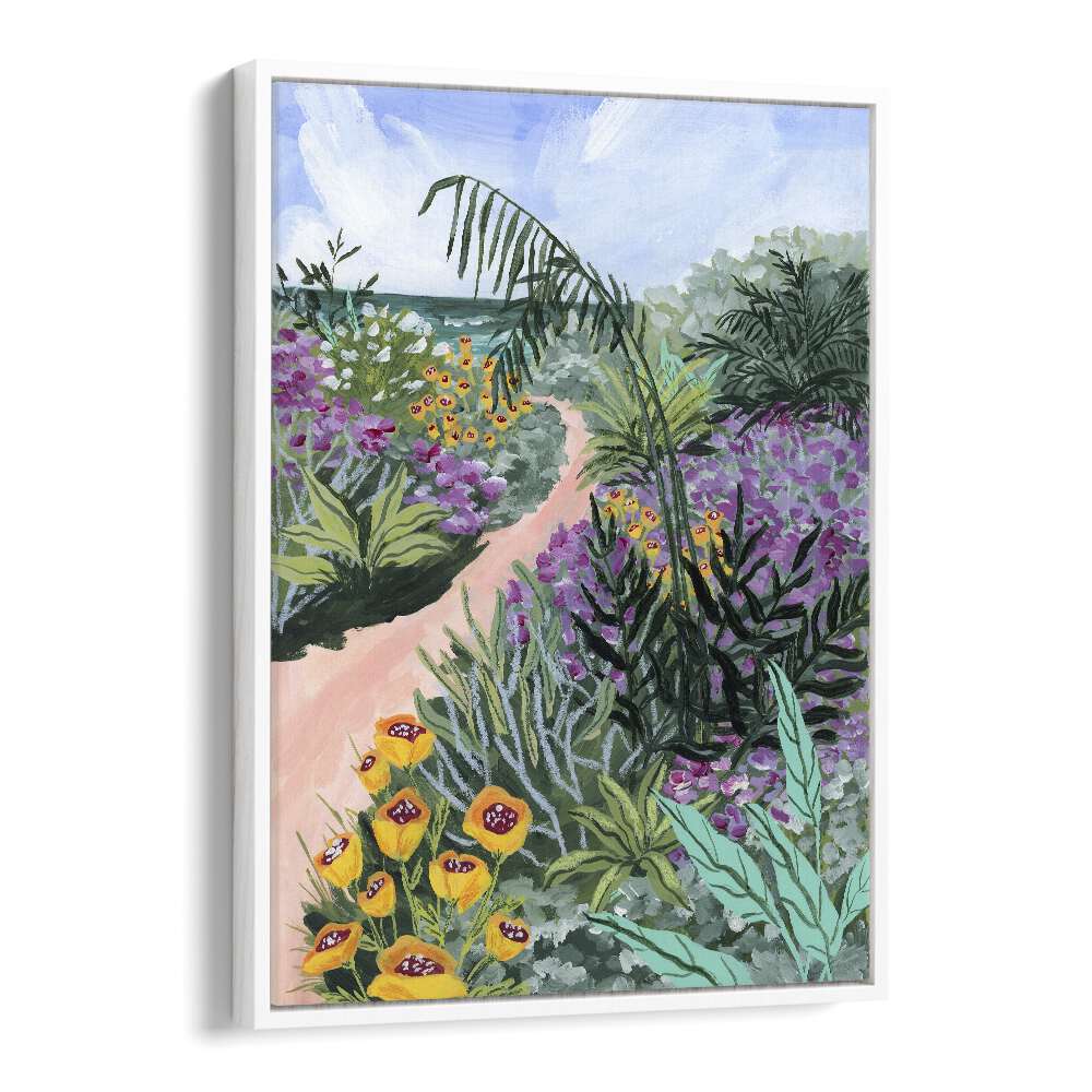 Vibrant flowers and lush greenery in "Path to the Pacific II," a stunning landscape painting by Sarah Gesek.