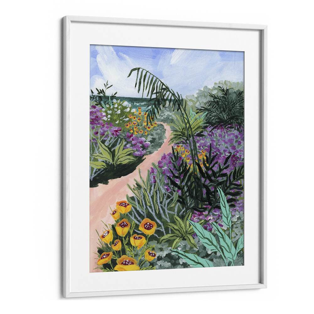 Beautifully framed "Path to the Pacific II, landscape paintings" by Sarah Gesek showcasing vibrant flora and serene pathways.