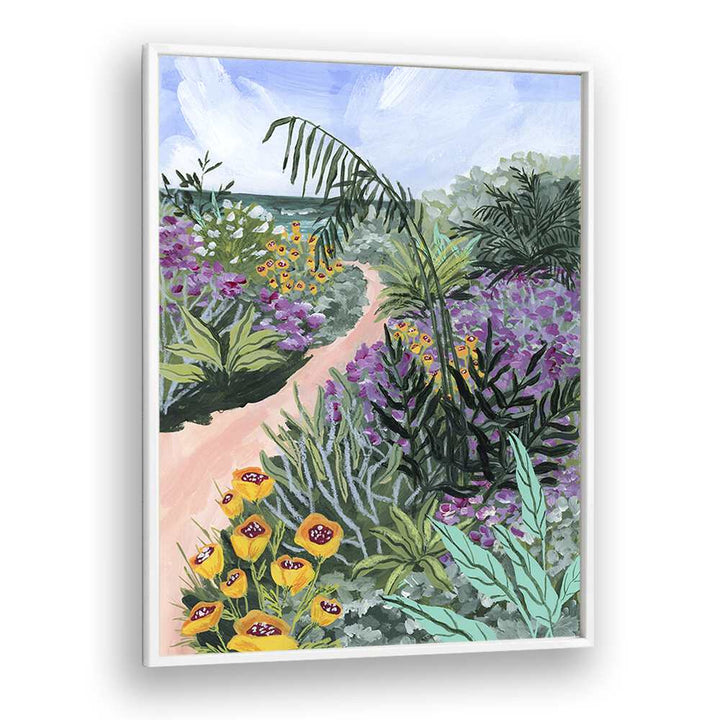 Vibrant "Path To The Pacific II, Landscape Paintings" by Sarah Gesek, showcasing lush flora and serene pathways.