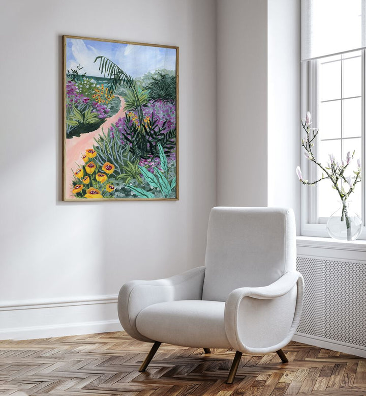 Vibrant flowers and lush greenery in "Path to the Pacific II, Landscape Paintings" by Sarah Gesek, perfect for your space.