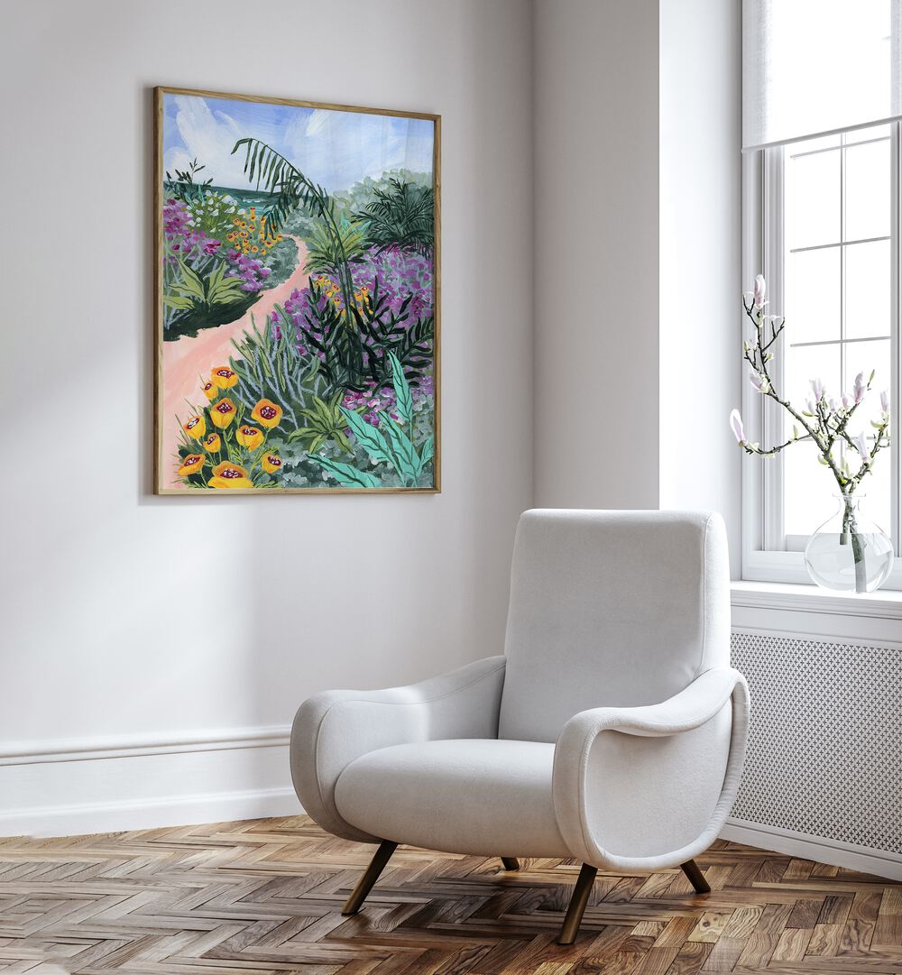 Vibrant flowers and lush greenery in "Path to the Pacific II, Landscape Paintings" by Sarah Gesek, perfect for your space.