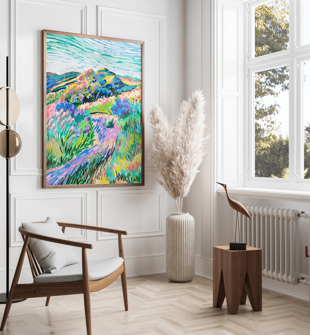 Vibrant PATHWAY, LANDSCAPE PAINTINGS showcasing nature's beauty in a stylish interior setting by Key and Sea Creative.