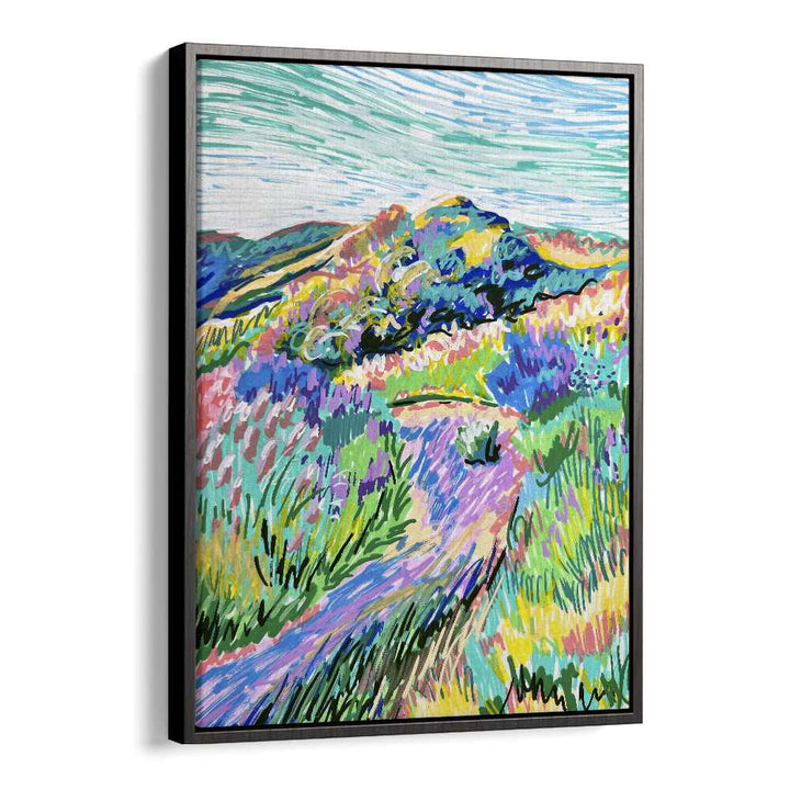 Colorful PATHWAY, LANDSCAPE PAINTINGS by Key and Sea Creative depict a vibrant nature scene in a sleek black frame.
