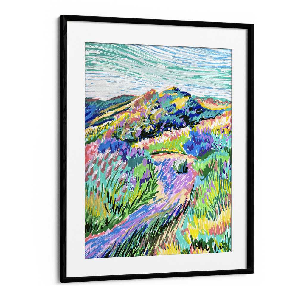 Vibrant PATHWAY, LANDSCAPE PAINTINGS by Key and Sea Creative, showcasing nature's beauty in a sleek black frame.