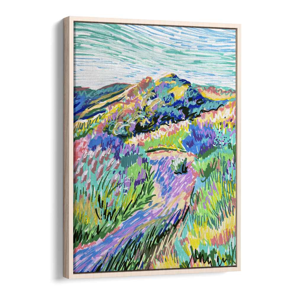 Vibrant PATHWAY, LANDSCAPE PAINTINGS by Key and Sea Creative, showcasing nature's beauty in an oak wood floater frame.