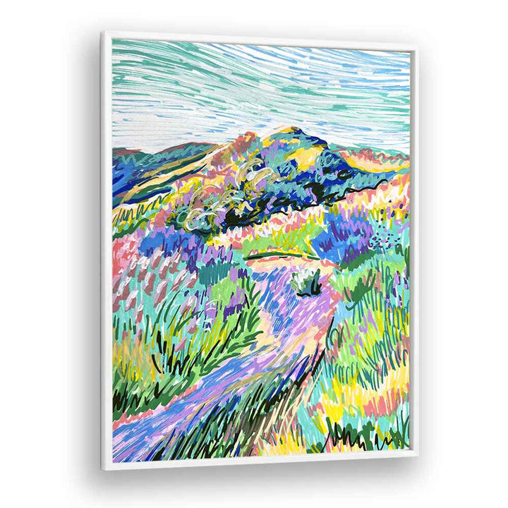 Vibrant PATHWAY, LANDSCAPE PAINTINGS by Key and Sea Creative showcase nature's beauty in an elegant white frame.