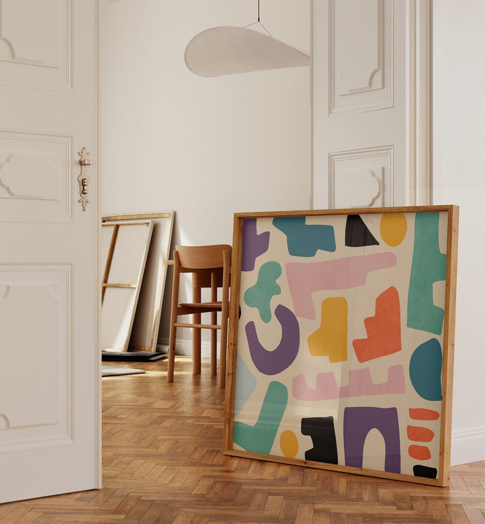 Bright and colorful PATTERN III MID BUNT II, ABSTRACT PAINTINGS by Ana Rut Bre enhances any modern interior space.