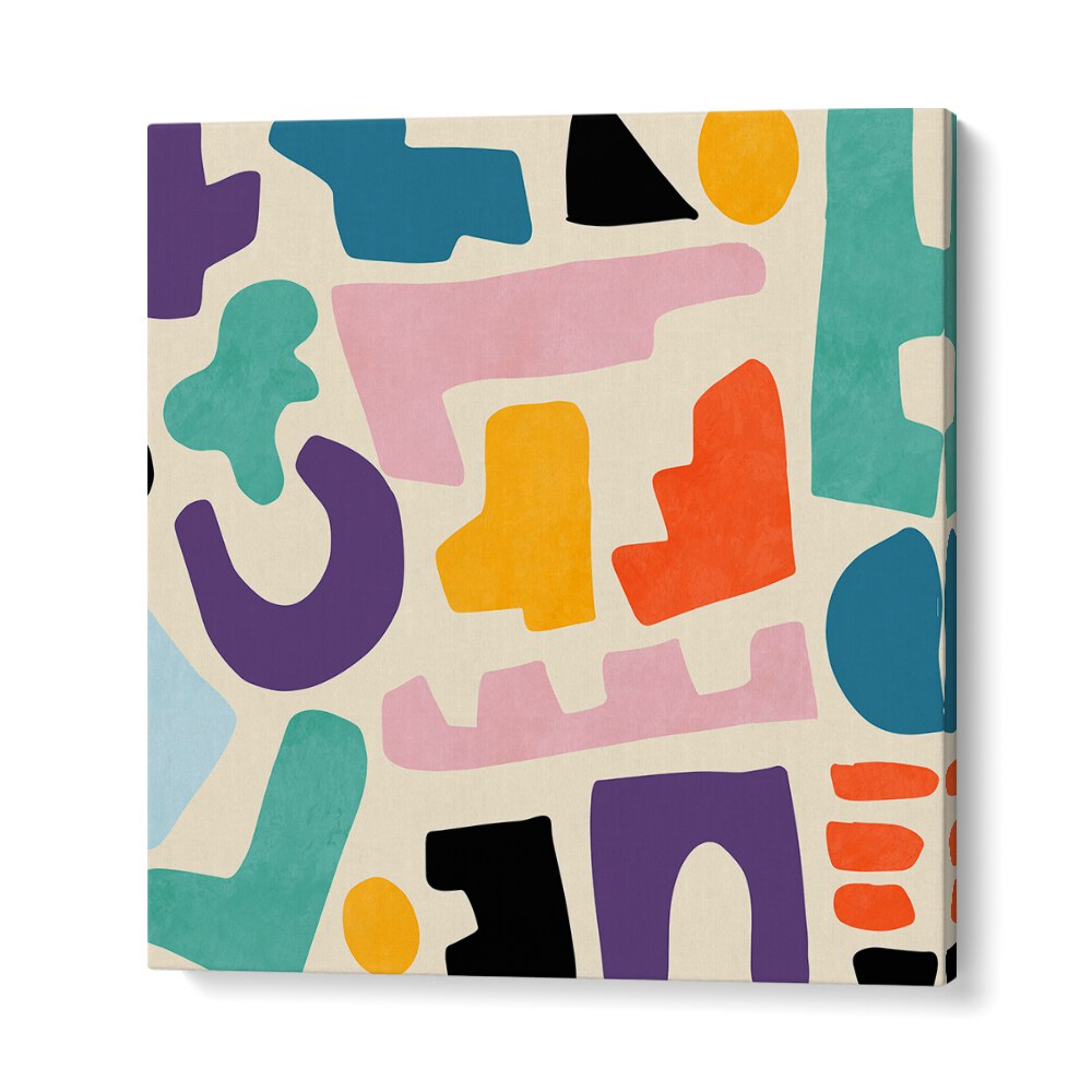Colorful abstract shapes in the PATTERN III MID BUNT II, ABSTRACT PAINTINGS by Ana Rut Bre, enhancing modern decor.