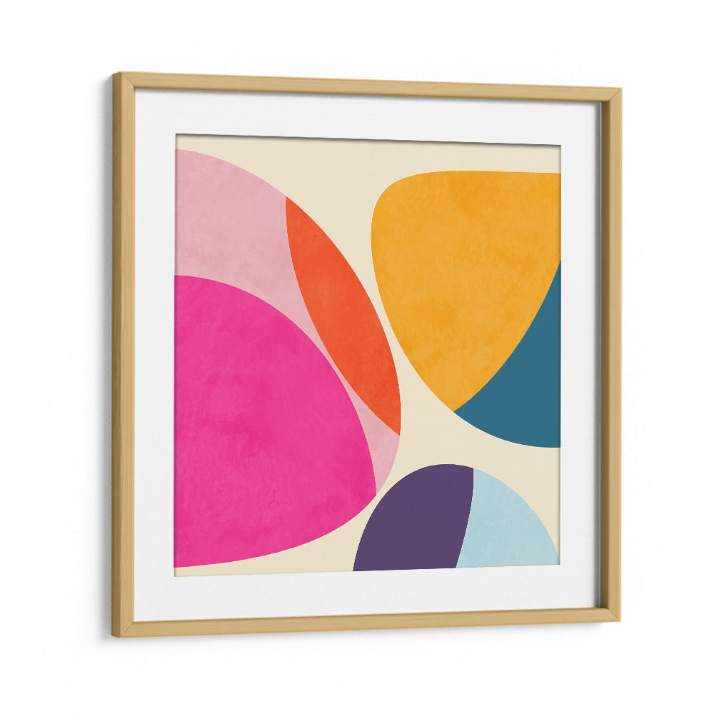 Colorful abstract design featuring PATTERN III MID BUNT III, ABSTRACT PAINTINGS by Ana Rut Bre in an oak frame.