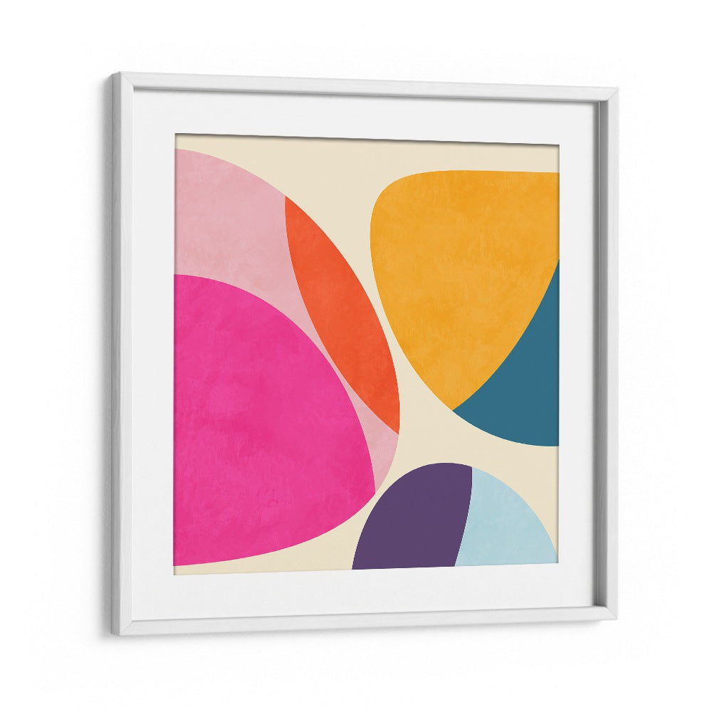 Vibrant PATTERN III MID BUNT III, ABSTRACT PAINTINGS by Ana Rut Bre, showcasing colorful shapes in a white frame.