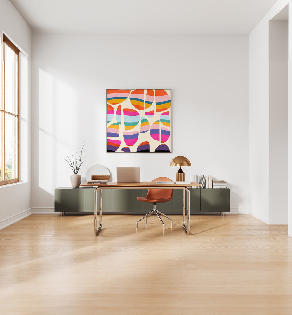 Bright and colorful PATTERN III MID BUNT V KOPIE, ABSTRACT PAINTINGS by Ana Rut Bre enhancing a modern workspace.