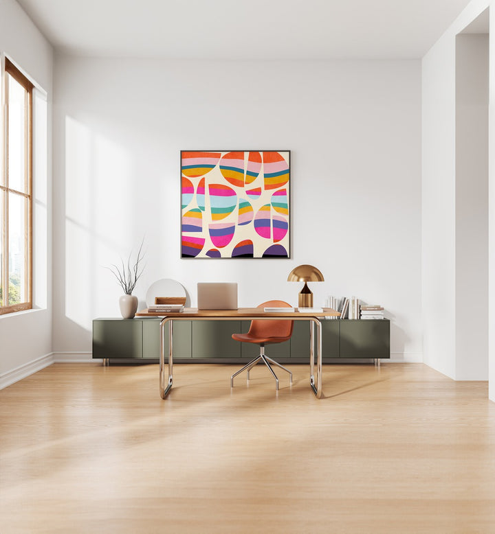 Bright and colorful PATTERN III MID BUNT V KOPIE, ABSTRACT PAINTINGS by Ana Rut Bre enhancing a modern workspace.