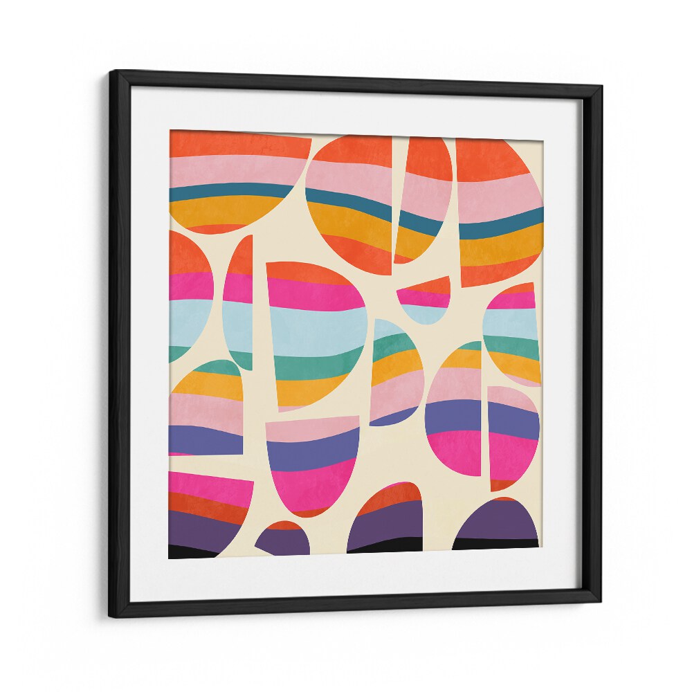 Colorful geometric shapes in a black frame, showcasing PATTERN III MID BUNT V KOPIE, ABSTRACT PAINTINGS by Ana Rut Bre.