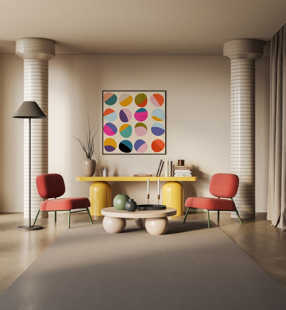 Bright and colorful PATTERN III MID BUNT VI KOPIE, ABSTRACT PAINTINGS by Ana Rut Bre adds elegance to contemporary decor.
