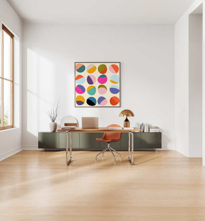 Colorful circles in the PATTERN III MID BUNT VI KOPIE, ABSTRACT PAINTINGS, enhancing contemporary spaces beautifully.